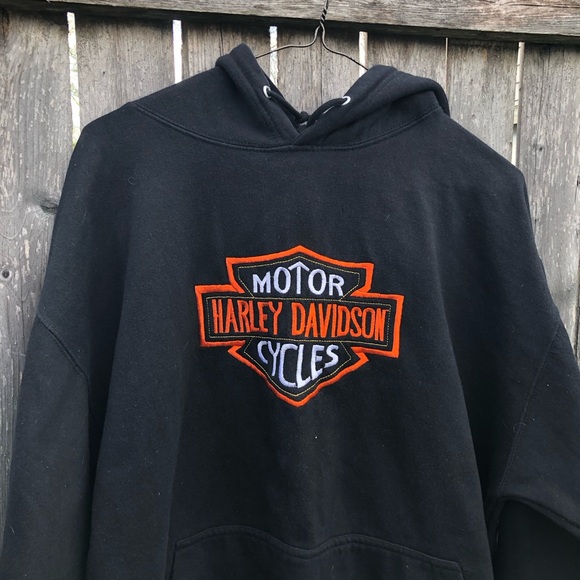 Harley-Davidson Other - Embroidered Harley-Davidson Black Pullover Hoodie with Orange & White Logo